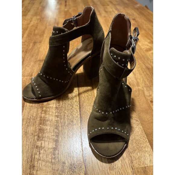 Shoe Republic LA Shoes - Olive Green Suede Peep-Toe Block Heel Ankle Booties Studded‎ Size 7 Glam Biker